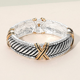 Two Tone Crisscross Accent Stone Bezel Rim Stretch Bracelet