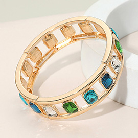 Emerald Cut Stone Embellished Open Frame Stretch Bracelet