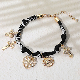 Cross Heart Evil Eye Charm Embellished Scarf Fabric Chain Bracelet