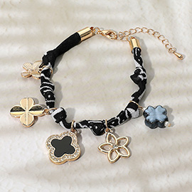 Quatrefoil Clover Flower Butterfly Charm Embellished Scarf Fabric Chain Bracelet