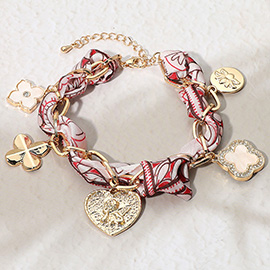 Mother of Pearl Quatrefoil Clover Angel Heart Charm Embellished Scarf Fabric Chain Bracelet