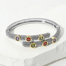 14K Gold Plated Colorful CZ Stone Bezel Embellished Hinged Bangle Bracelet
