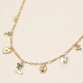 Enamel Bow Western Cowboy Boot Hat Heart Ceramic Ball Pearl Cherry Charm Station Necklace