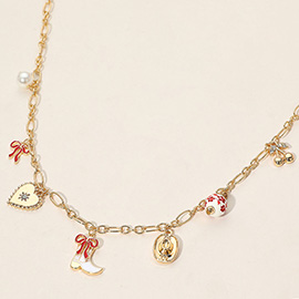 Enamel Bow Western Cowboy Boot Hat Heart Ceramic Ball Pearl Cherry Charm Station Necklace