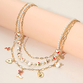 Western Cowboy Boot Hat Bow Cherry Heart Charm Station Pearl Floral Ceramic Ball Beaded Layered Necklace