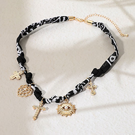 Cross Heart Sunburst Charm Bandana Fabric Necklace