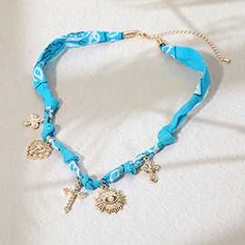 Cross Heart Sunburst Charm Bandana Fabric Necklace