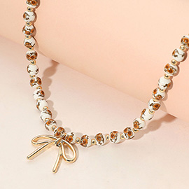 Metal Bow Pendant Floral Printed Ceramic Ball Beaded Necklace