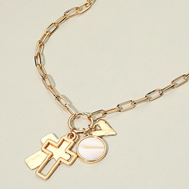 Cross Heart Mother of Pearl Disc Charm Pendant Paperclip Chain Necklace