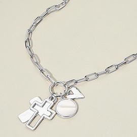 Cross Heart Mother of Pearl Disc Charm Pendant Paperclip Chain Necklace