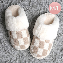 Checkered Faux Fur Cuff Soft Home Indoor Floor Mule Slippers