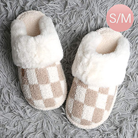 Checkered Faux Fur Cuff Soft Home Indoor Floor Mule Slippers