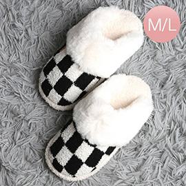 Checkered Faux Fur Cuff Soft Home Indoor Floor Mule Slippers