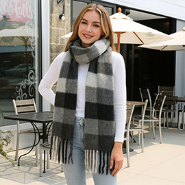 Soft Plaid Oblong Fringe Long Scarf