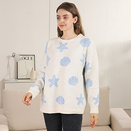 Seashell Starfish Pattern Crew Neck Sweater