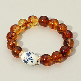 SECRET BOX_Floral Ceramic Oval Ball Beaded Stretch Bracelet