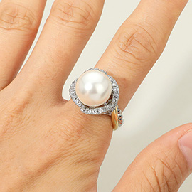 Two Tone CZ Stone Halo Pearl Statement Ring