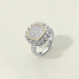 Two Tone Beaded Edge CZ Stone Halo Paved Square Accent Ring
