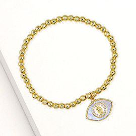 Stainless Steel Mother of Pearl CZ Stone Rim Virgin Mary Accent Evil Eye Charm Stretch Bracelet