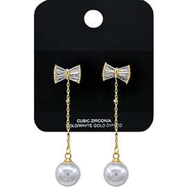 Gold Dipped Baguette CZ Stone Bow Accent Pearl Drop Earrings
