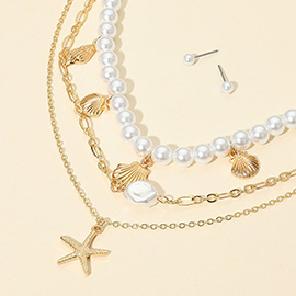 3PCS - Metal Starfish Pendant Natural Pearl Accent Seashell Charm Station Pearl Necklaces