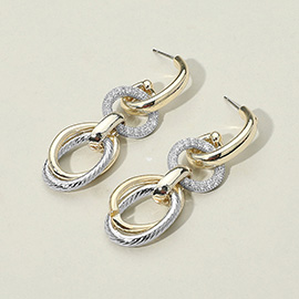 14K Gold Plated Two Tone CZ Stone Paved Interlocking Oval Link Drop Earrings