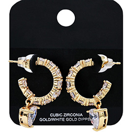 Gold Dipped CZ Stone Heart Drop Hoop Earrings