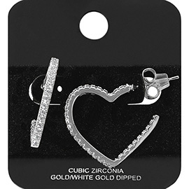 White Gold Dipped CZ Stone Paved Heart Hoop Earrings