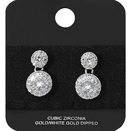 White Gold Dipped Halo CZ Stone Drop Earrings