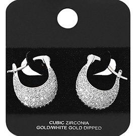 White Gold Dipped CZ Stone Paved Pin Catch Hoop Earrings