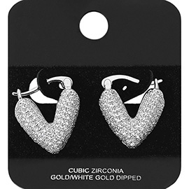 White Gold Dipped CZ Stone Paved V Shaped Pin Catch Hoop Earrings