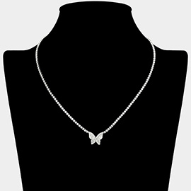 Dainty Butterfly CZ Stone Pendant Accent Rhinestone Paved Necklace