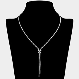 CZ Stone Paved X Charm Accent Y Shaped Necklace