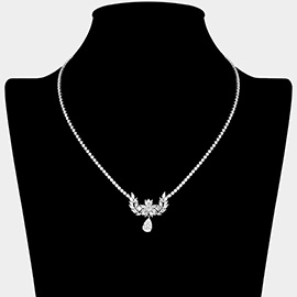Floral Laurel CZ Stone Cluster Accent Teardrop Cluster Dangle Rhinestone Paved Necklace