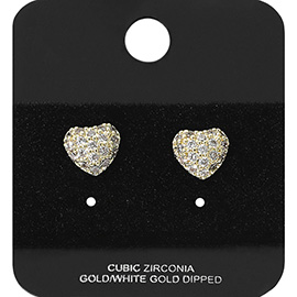 Gold Dipped CZ Stone Paved Heart Stud Earrings