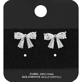 White Gold Dipped CZ Bow Stud Earrings