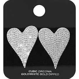 White Gold Dipped CZ Stone Paved Heart Stud Earrings