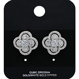White Gold Dipped Floral CZ Stone Stud Earrings
