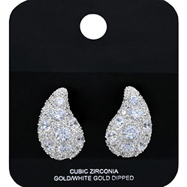 White Gold Dipped CZ Stone Embellished Teardrop Stud Earrings