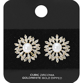 Gold Dipped Pearl Accent Marquise CZ Stone Embellished Floral Stud Earrings