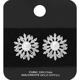 White Gold Dipped Pearl Accent Marquise CZ Stone Embellished Floral Stud Earrings