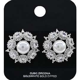 White Gold Dipped Pearl Accent CZ Stone Cluster Embellished Stud Earrings
