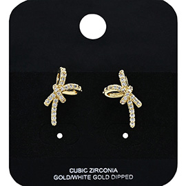 Gold Dipped CZ Stone Paved Bow Stud Earrings