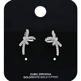 White Gold Dipped CZ Stone Paved Bow Stud Earrings