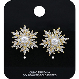Gold Dipped Pearl Accent CZ Stone Snowflake Stud Earrings