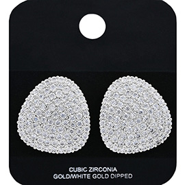 White Gold Dipped CZ Stone Paved Round Triangle Stud Earrings