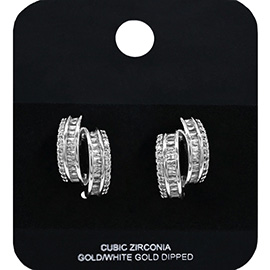 White Gold Dipped CZ Stone Double Row Mini Half Hoop Earrings