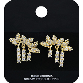 Gold Dipped CZ Stone Paved Triple Butterfly Accent Cluster Drop Earrings