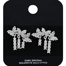 White Gold Dipped CZ Stone Paved Triple Butterfly Accent Cluster Drop Earrings