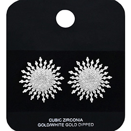 White Gold Dipped Radiant CZ Stone Embellished Sunburst Stud Earrings